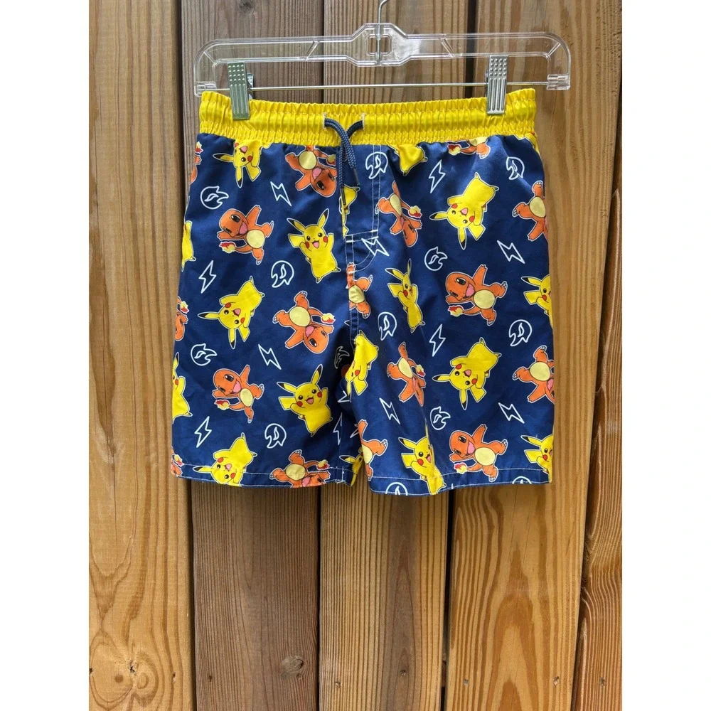Pokemon Boys Swim Trunks Pikachu Charmander Navy Blue Board Shorts Size 10